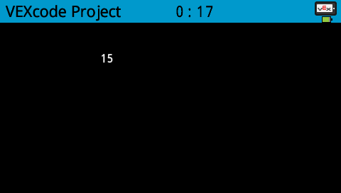 A screenshot of the V5 Brain screen showing the text 15 in white in the upper left quadrant of the screen, at the row 3 column 15 position.