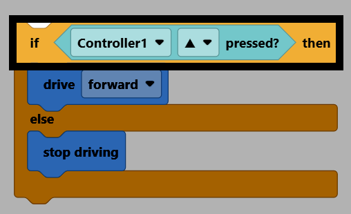 An if/else block with a controller ▲ button pressed Boolean block, with the Boolean block highlighted.