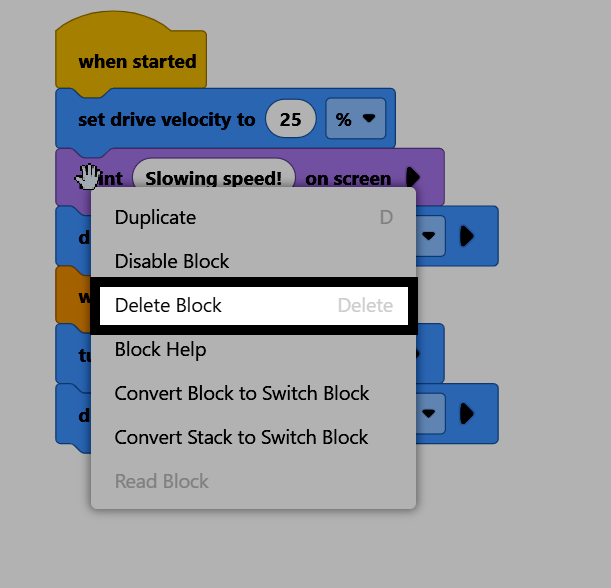 Screenshot of the right-click context menu on a print block, with Delete Block highlighted.