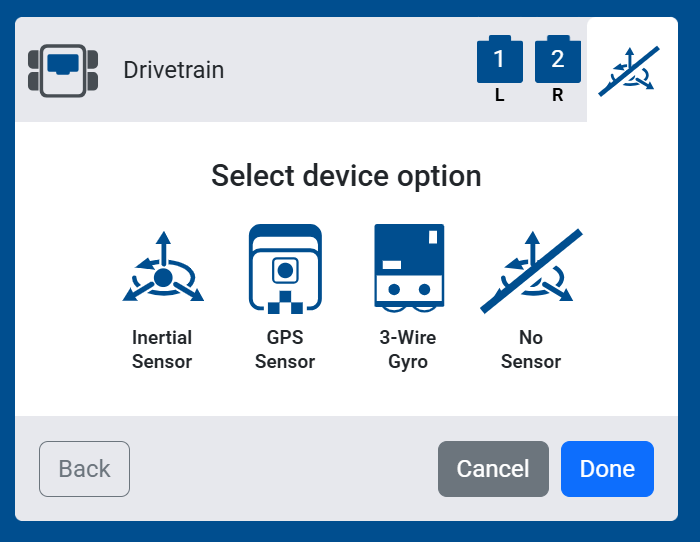 Screenshot of the Select device option screen, showing Inertial Sensor, GPS Sensor, 3-Wire Gyro, and No Sensor options.