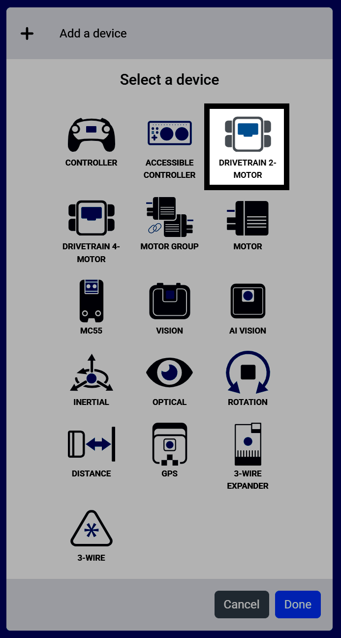 Screenshot of the Select a device screen, with Drivetrain 2-Motor highlighted among the other device options.