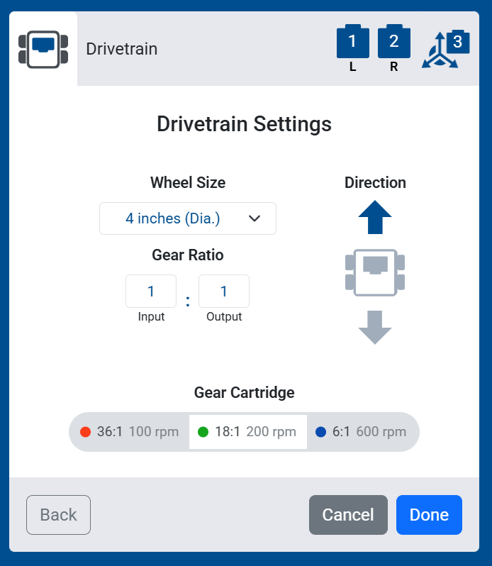 Screenshot of the Drivetrain Settings screen, showing Wheel Size, Gear Ratio, Gear Cartridge, and Direction options.
