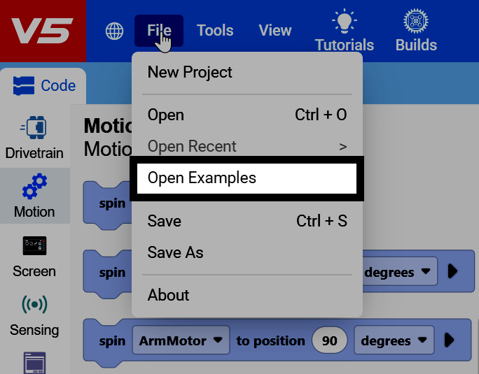 Screenshot of the File menu open, with the Open Examples option highlighted.