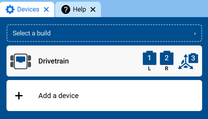 Screenshot of the Devices tab, showing Drivetrain in the list of devices with its left, right, and Inertial ports.