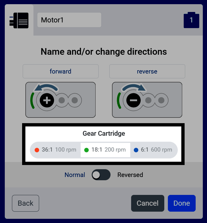 Screenshot of the Name and/or change directions screen, with the Gear Cartridge options highlighted, showing red, green, and blue cartridge options.