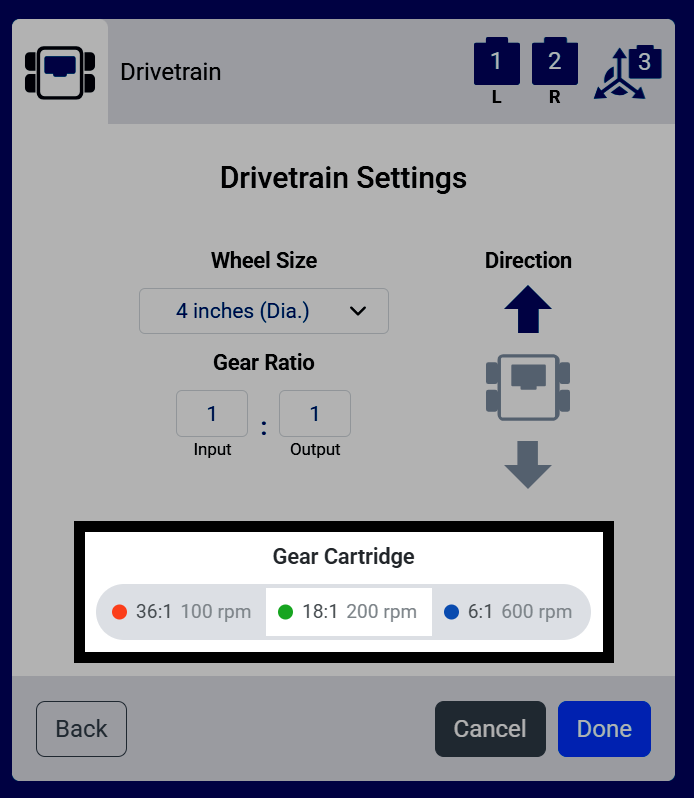Screenshot of the Drivetrain Settings screen, with the Gear Cartridge options highlighted, showing red, green, and blue cartridge options.