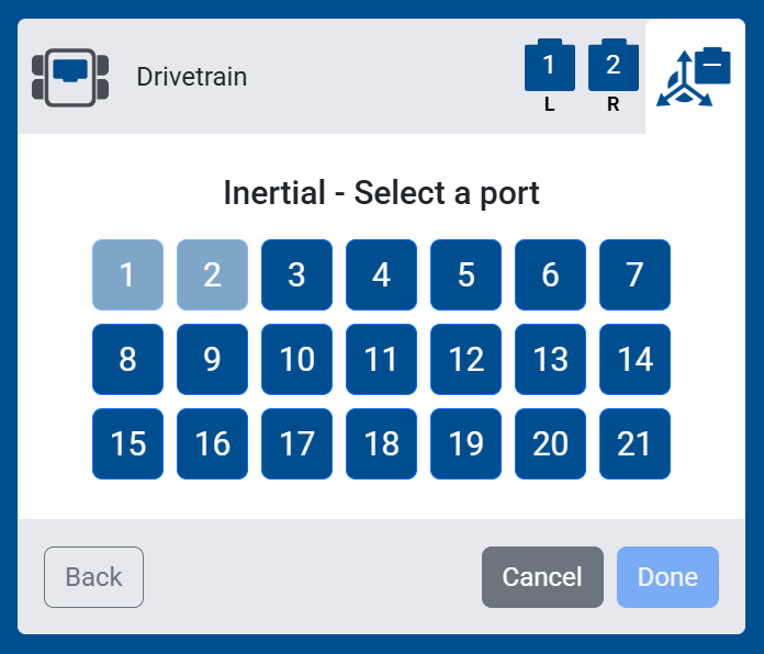 Screenshot of the Inertial port selection screen, showing ports 1 through 21 to choose from.