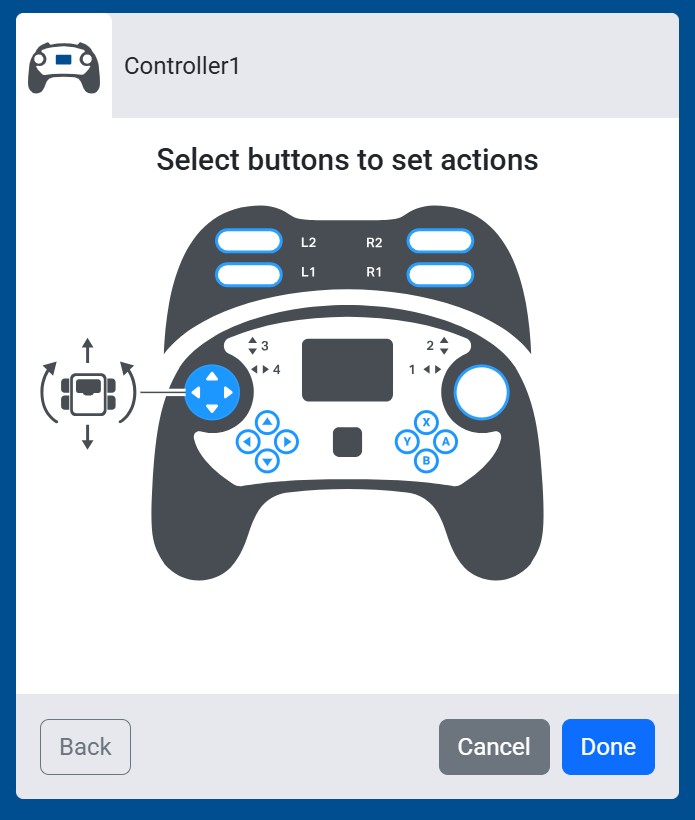 Screenshot of the Select buttons to set actions screen, showing the left joystick set to control the Drivetrain's movement and turning together.