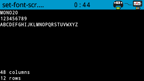 The same image as the one previous, with Mono 20 font. It shows A-Z on one line, across nearly two thirds of the width of the screen. In the bottom left corner it reads 48 columns and 12 rows.
