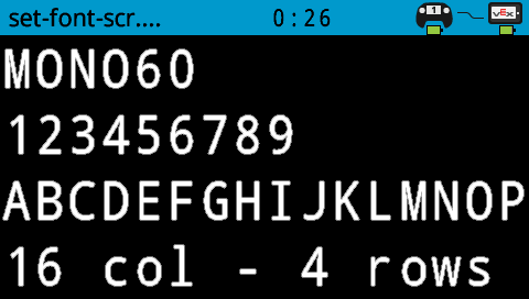 The same image as the one previous, with Mono 60 font. It shows A-P on one line, spanning the width the screen. On the bottom it reads 16 columns and 4 rows.