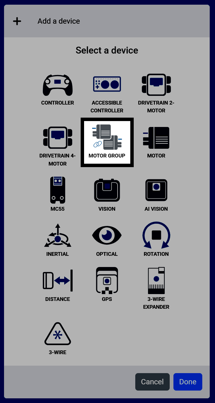 Screenshot of the Select a device screen, with Motor Group highlighted.