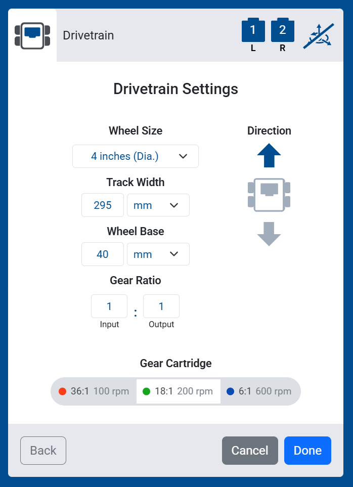 Screenshot of the Drivetrain Settings screen for a Drivetrain with No Sensor, showing the additional Track Width and Wheel Base options.