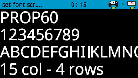 The same image as the one previous, with Prop 60 font. It shows A-N on one line, spanning the width of the screen. On the bottom it reads 15 columns and 4 rows.