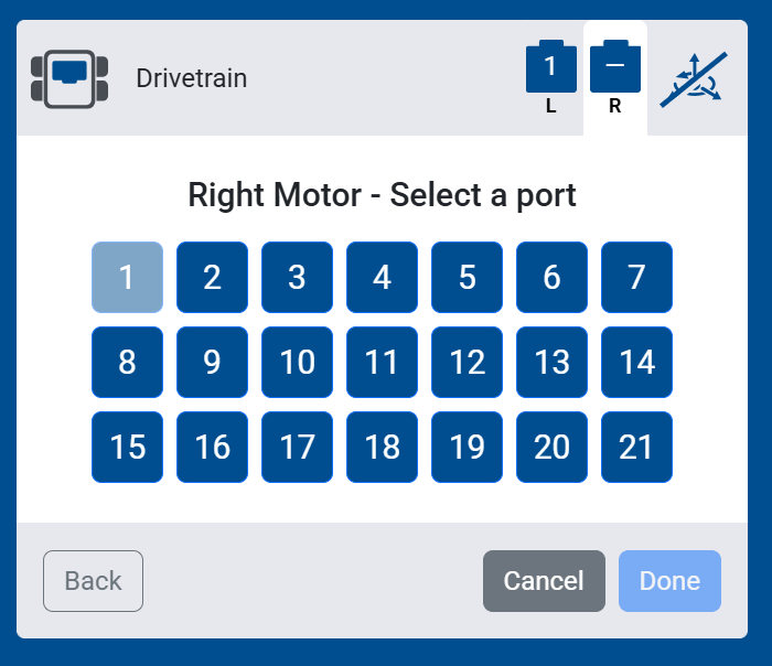 Screenshot of the Right Motor port selection screen, showing ports 1 through 21 to choose from.