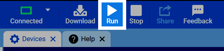Screenshot of the VEXcode toolbar with the Run button highlighted.
