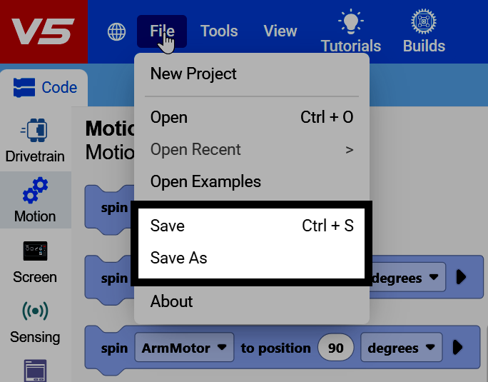 Screenshot of the File menu open, with the Save and Save As options highlighted.