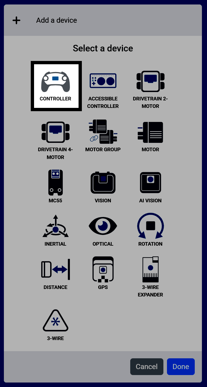 Screenshot of the Select a device screen, with Controller highlighted.