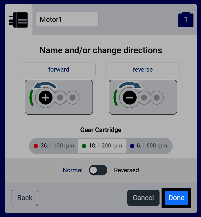 Screenshot of the Name and/or change directions screen, with the Done button highlighted.