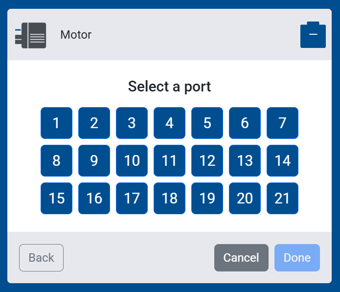 Screenshot of the Select a port screen for a Motor, showing ports 1 through 21 to choose from.