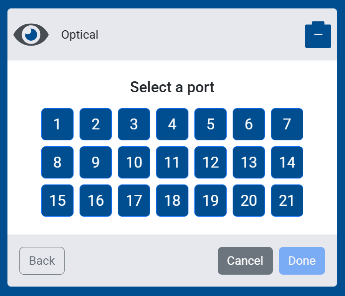 Screenshot of the Select a port screen for an Optical Sensor, showing ports 1 through 21 to choose from.