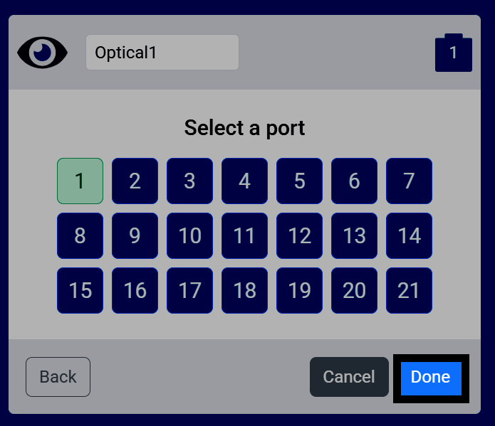 Screenshot of the Select a port screen for an Optical Sensor, with a port selected and the Done button highlighted.