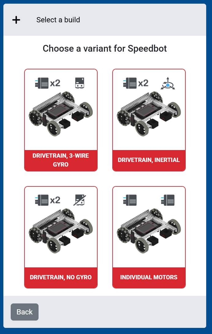 Screenshot of the Choose a variant for Speedbot screen, showing the Drivetrain, 3-Wire Gyro, Drivetrain, Inertial, Drivetrain, No Gyro, and Individual Motors options.