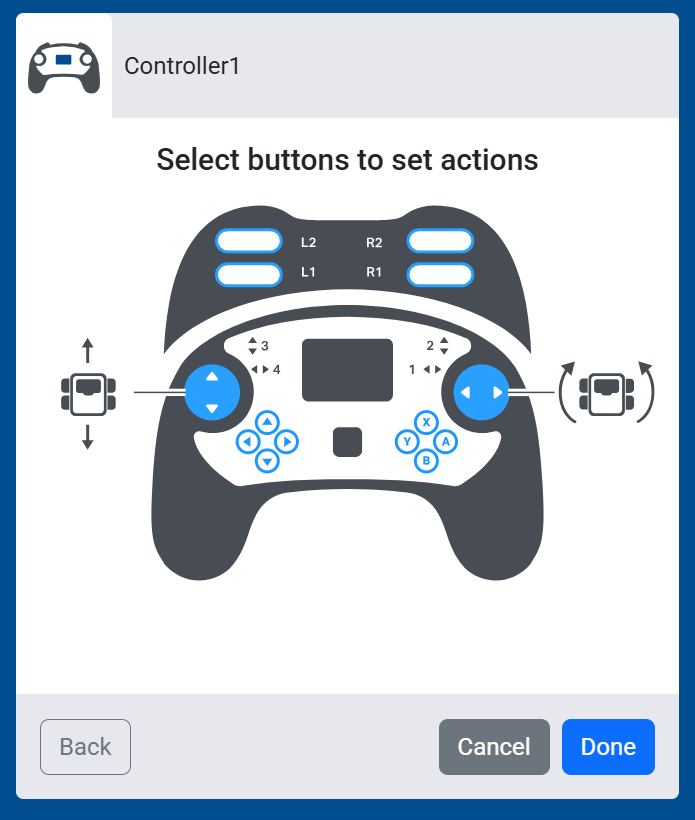 Screenshot of the Select buttons to set actions screen, showing the left joystick's up and down set to control forward and reverse movement, and the right joystick's left and right set to control turning.