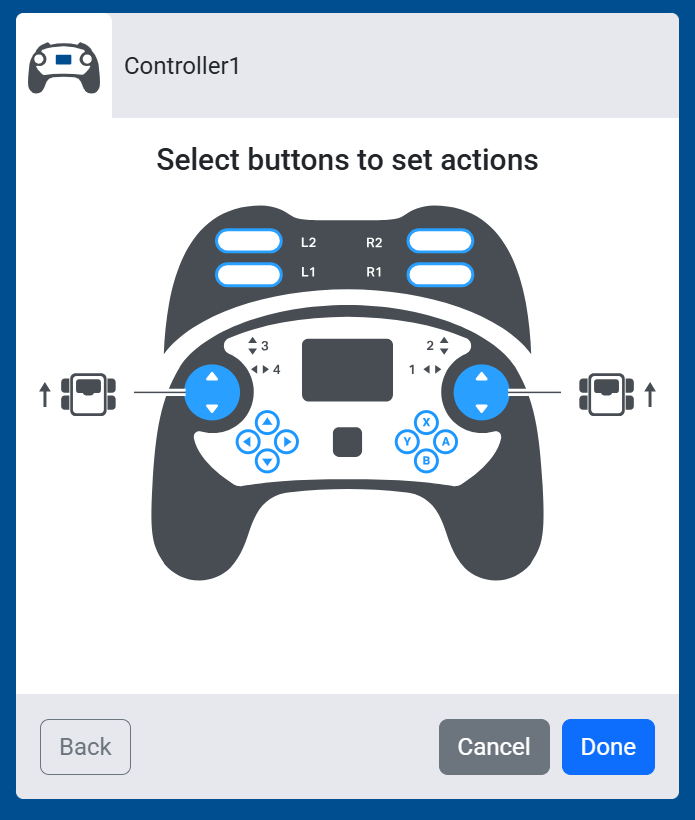 Screenshot of the Select buttons to set actions screen, showing the left and right joysticks' up and down each set to control their own side of the Drivetrain.