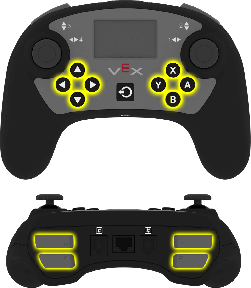 The front and back side of the V5 Controller with the buttons highlighted in yellow. On the surface of the controller are up, down, left, and right arrow buttons on the left, and X, A, B, Y buttons clockwise from 12 o'clock on the right. On the back side of the controller are L1, L2, R1, and R2 on the left and right sides respectively.