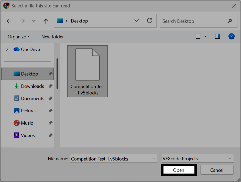 Screenshot of the Windows file picker, with a project file selected and the Open button highlighted.