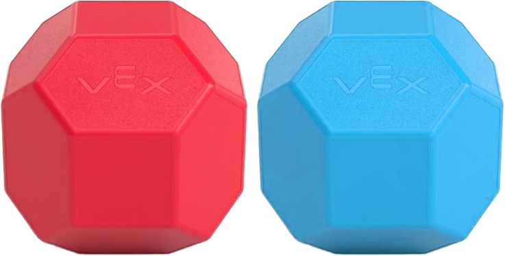 Two VEX Robotics competition game elements shaped like large geometric hexagonal Blocks, one red and one blue, each with the embossed 'VEX' logo on the front.