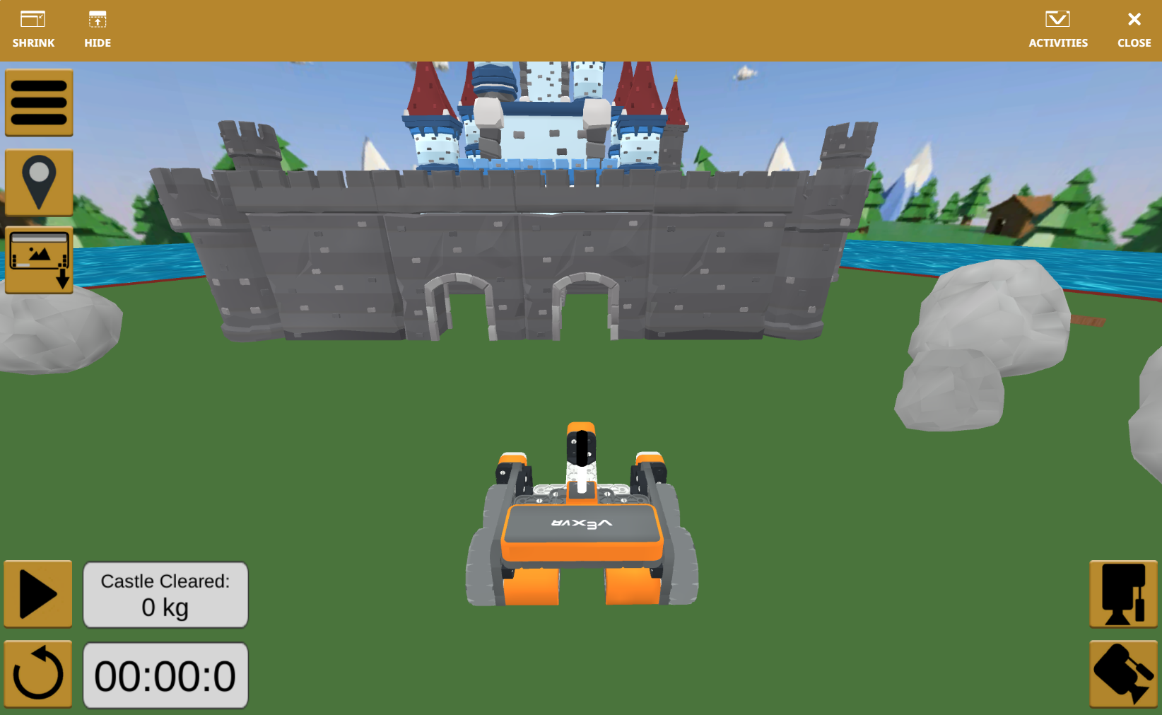 The VEXcode VR Playground window showing the Castle Crasher+ Playground. It shows the VR Robot knocking down castle objects on the field, with additional challenge levels and a completion certificate.