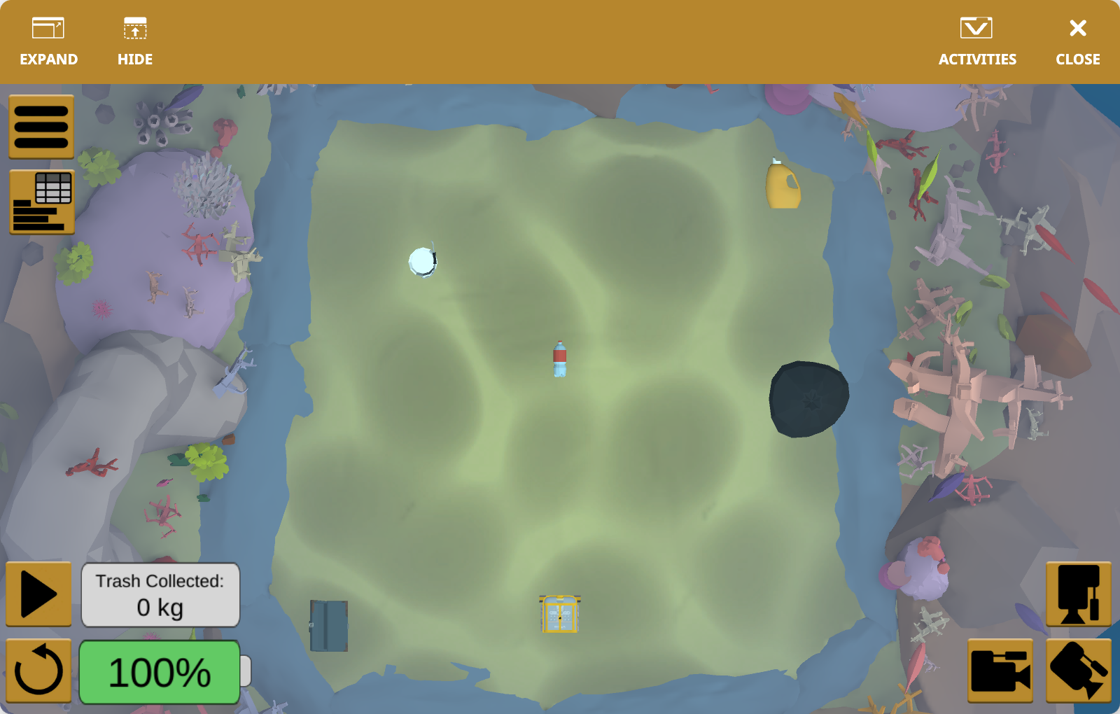 The VEXcode VR Playground window showing the Coral Reef Cleanup Playground. It shows the Underwater VR Robot collecting trash from the ocean floor.
