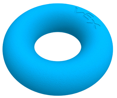 The image shows a blue, donut-shaped Ring with a smooth texture and the VEX logo engraved on its surface. This Ring is a game piece used in VEX Robotics competitions, where it is typically manipulated by robots to score points by placing it on specific goals or areas of the competition field.