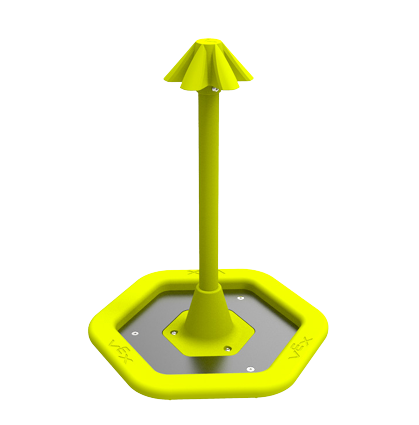 The image displays a VEX Robotics competition element, known as a mobile goal. It features a yellow hexagonal base with the VEX logo engraved on it, supporting a vertical pole topped with a distinctive yellow cone-like structure.