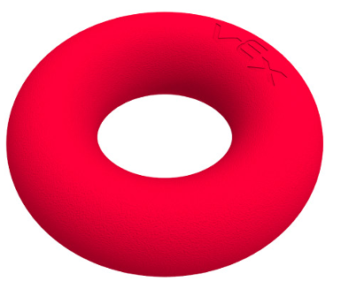 The image shows a red, donut-shaped Ring with a smooth texture and the VEX logo engraved on its surface. This Ring is a game piece used in VEX Robotics competitions, where it is typically manipulated by robots to score points by placing it on specific goals or areas of the competition field.