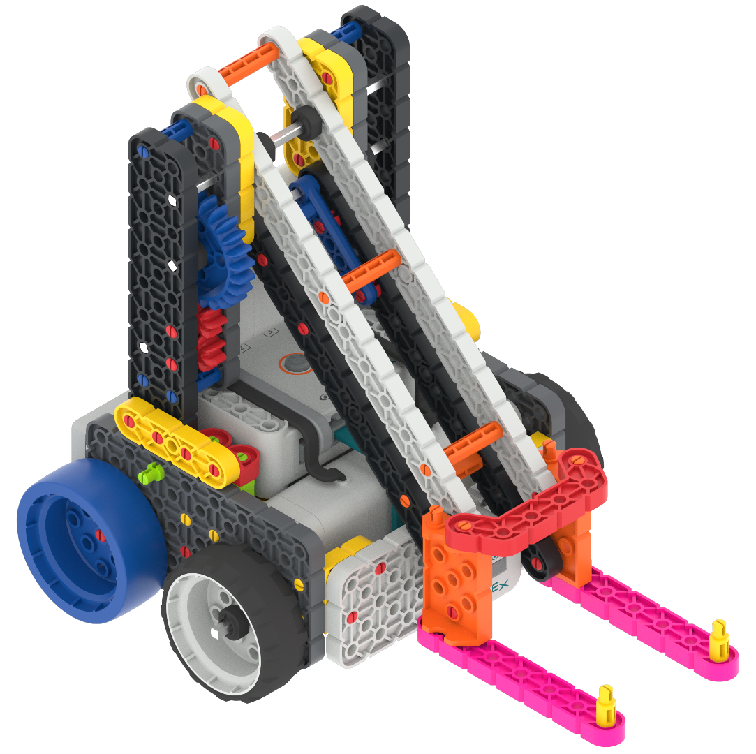 The GO Competition robot, with an arm and fork for picking up, lifting, and carrying objects.