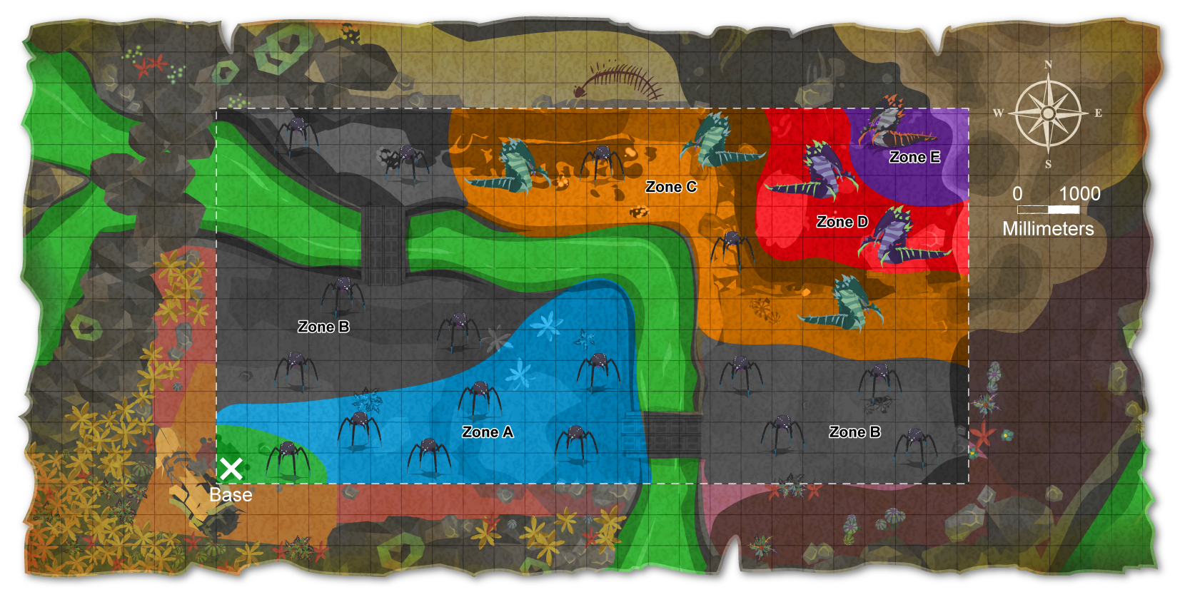 Map of Rover Rescue zones showing enemies, minerals, and obstacles in a 12,000 x 6,000 mm playground layout.