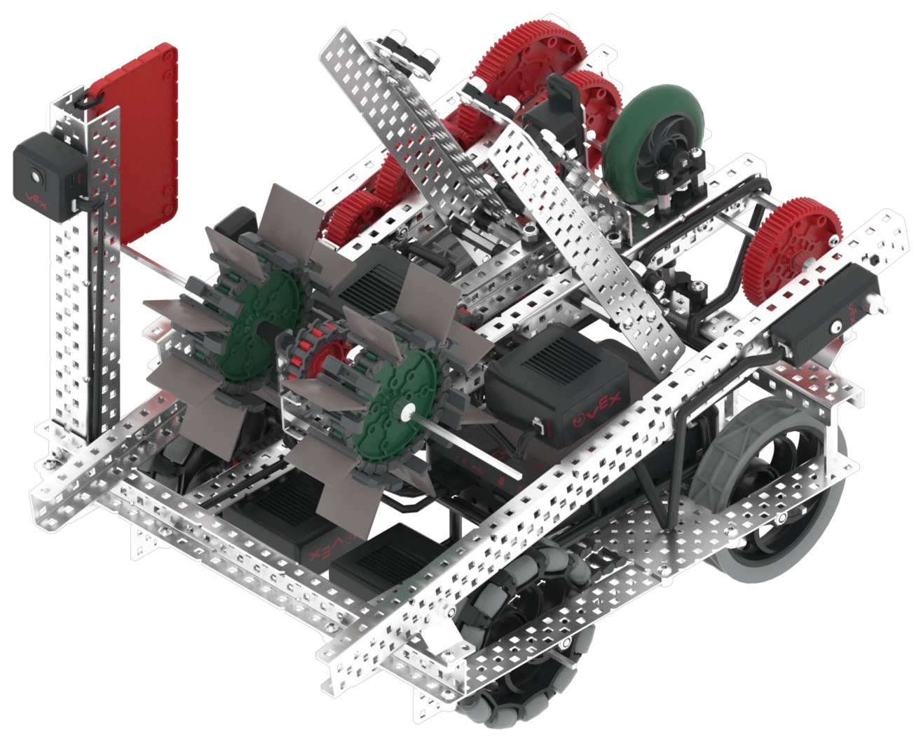 The VEXcode VR Robot window showing the Striker Robot. It shows the robot moving Triballs with an arm and intake in a GPS-enabled field.