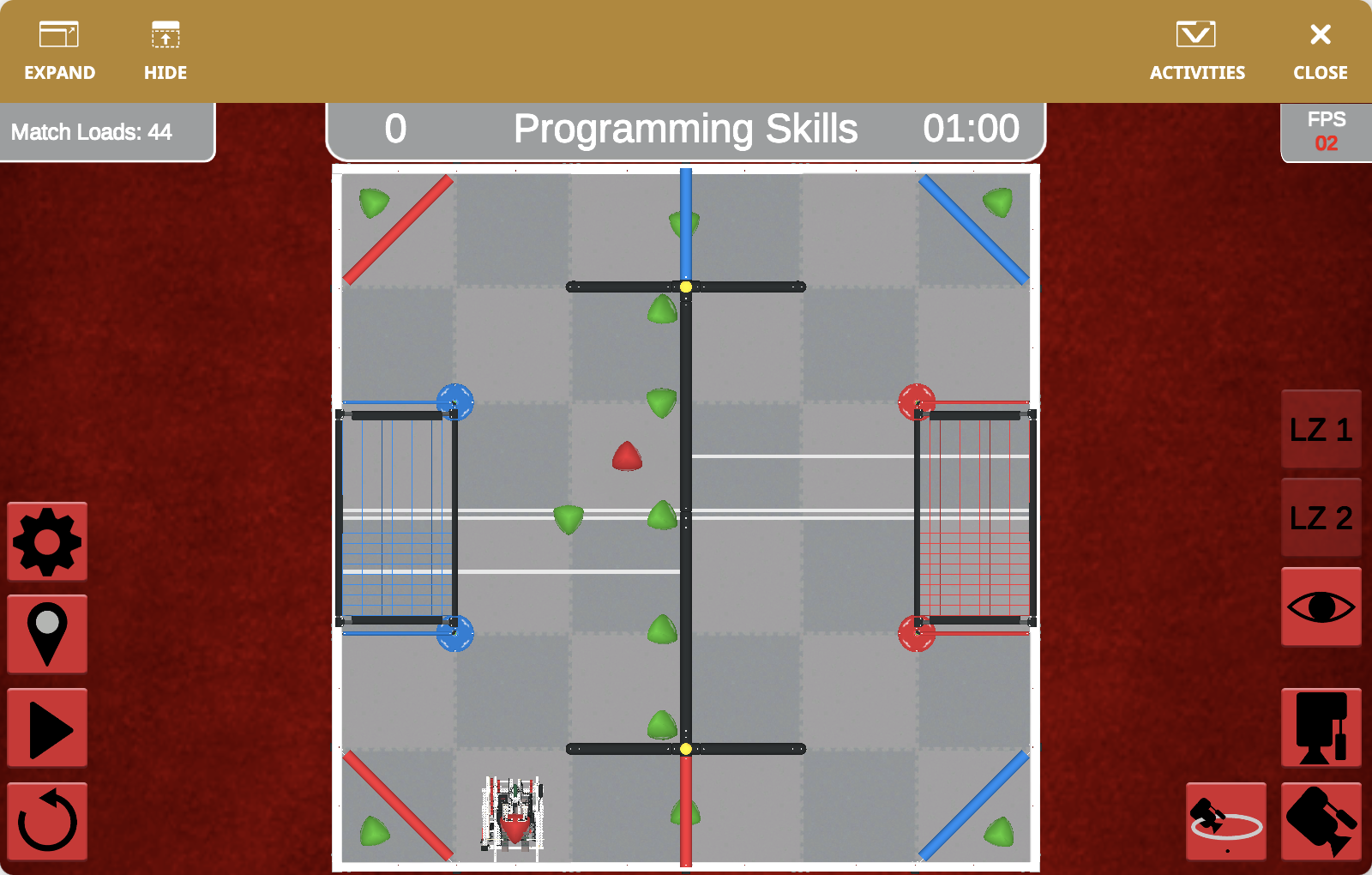 The VEXcode VR Playground window showing the V5 23-24 Over Under Playground. It shows the Striker Robot scoring Triballs and Elevate in the V5 23-24 Virtual Skills field.