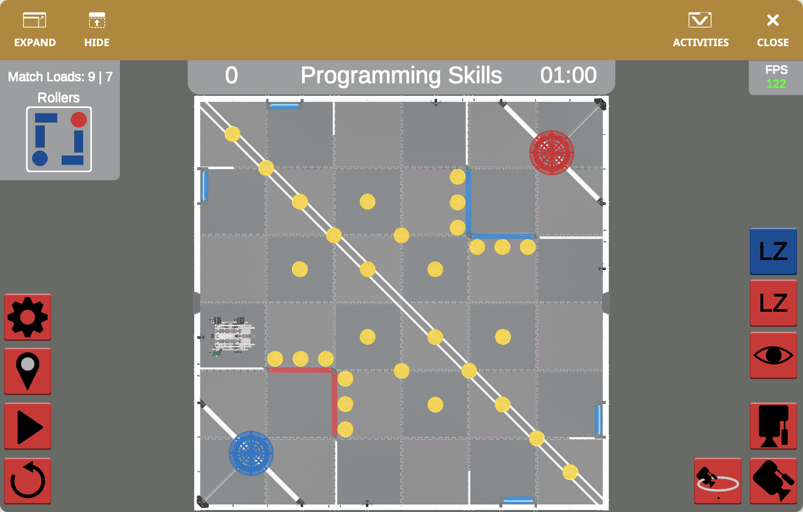The VEXcode VR Playground window showing the V5 22-23 Spin Up Playground. It shows the Disco Robot scoring Discs and Rollers in the V5 22-23 Virtual Skills field.