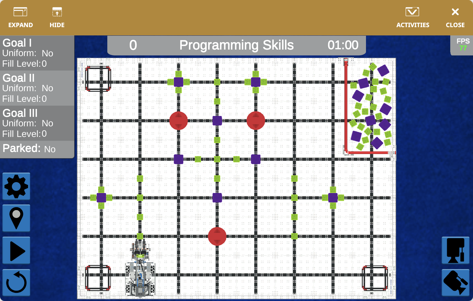 The VEXcode VR Playground window showing the IQ 23-24 Full Volume Playground. It shows the Byte Robot moving Blocks into goals in the IQ 23-24 Virtual Skills field.