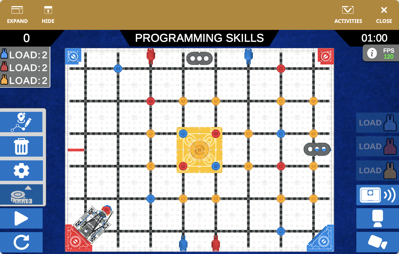 The VEXcode VR Playground window showing the IQ 25-26 Mix & Match Playground. It shows the Huey Robot manipulating Pins and Beams in the IQ 25-26 Virtual Skills field.