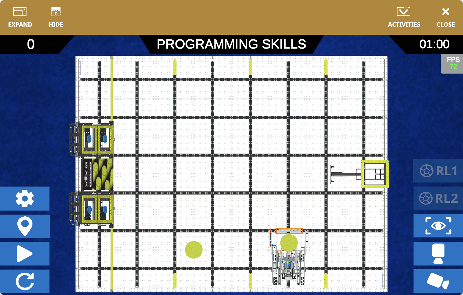 The VEXcode VR Playground window showing the IQ 24-25 Rapid Relay Playground. It shows the Swish Robot collecting and launching Balls in the IQ 24-25 Virtual Skills field.