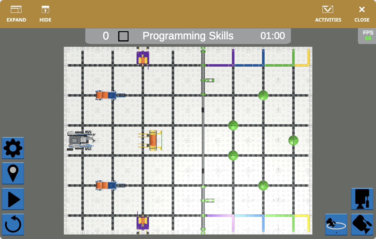 The VEXcode VR Playground window showing the IQ 22-23 Slapshot Playground. It shows the Snapshot Robot collecting and scoring Discs in the IQ 22-23 Virtual Skills field.
