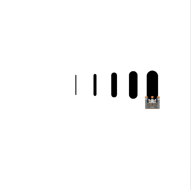 A top-down view of the VEXcode VR Art Canvas + playground, with five different black lines drawn side-by-side. Each line is a different width, increasing in size as it moves to the right.