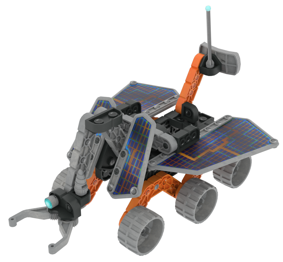 The VEXcode VR Robot window showing the VR Rover. It shows the robot exploring an alien environment, collecting minerals, avoiding enemies, and keeping the rover alive.