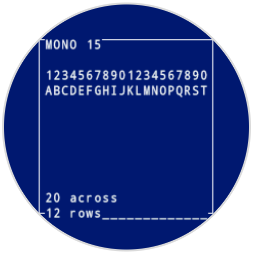 与前一个Mono 15字体相同的图像。字母A-T占据1行文本。底部横跨20个字符， 12行。