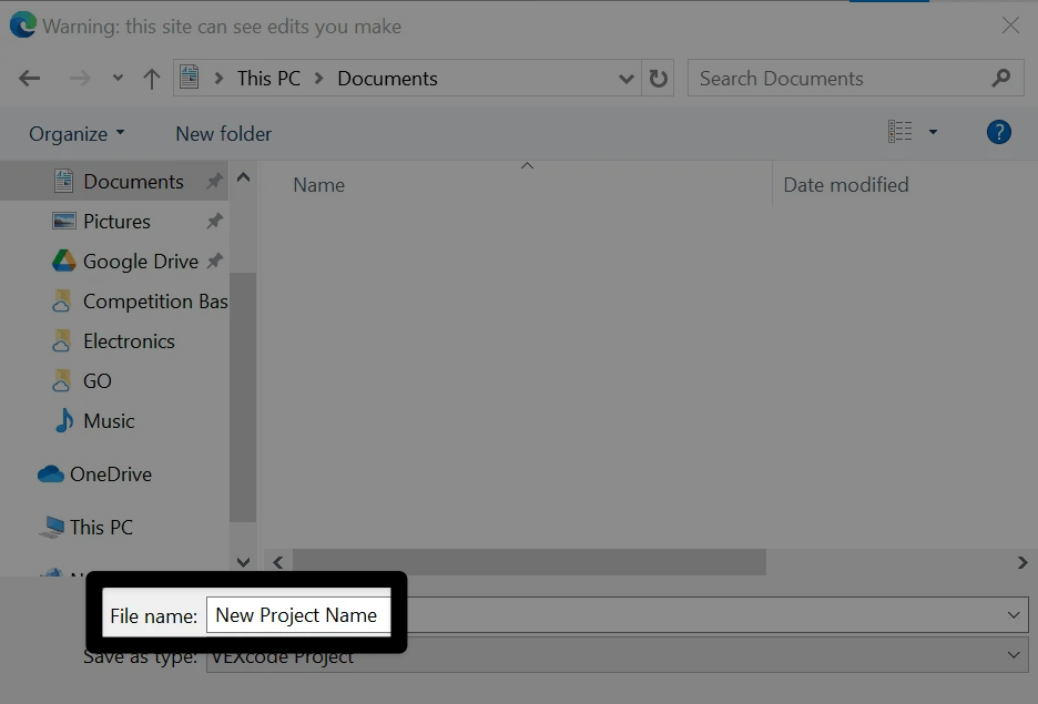 Windows 文件保存对话框窗口，底部高亮显示的文件名显示为“新项目名称”。