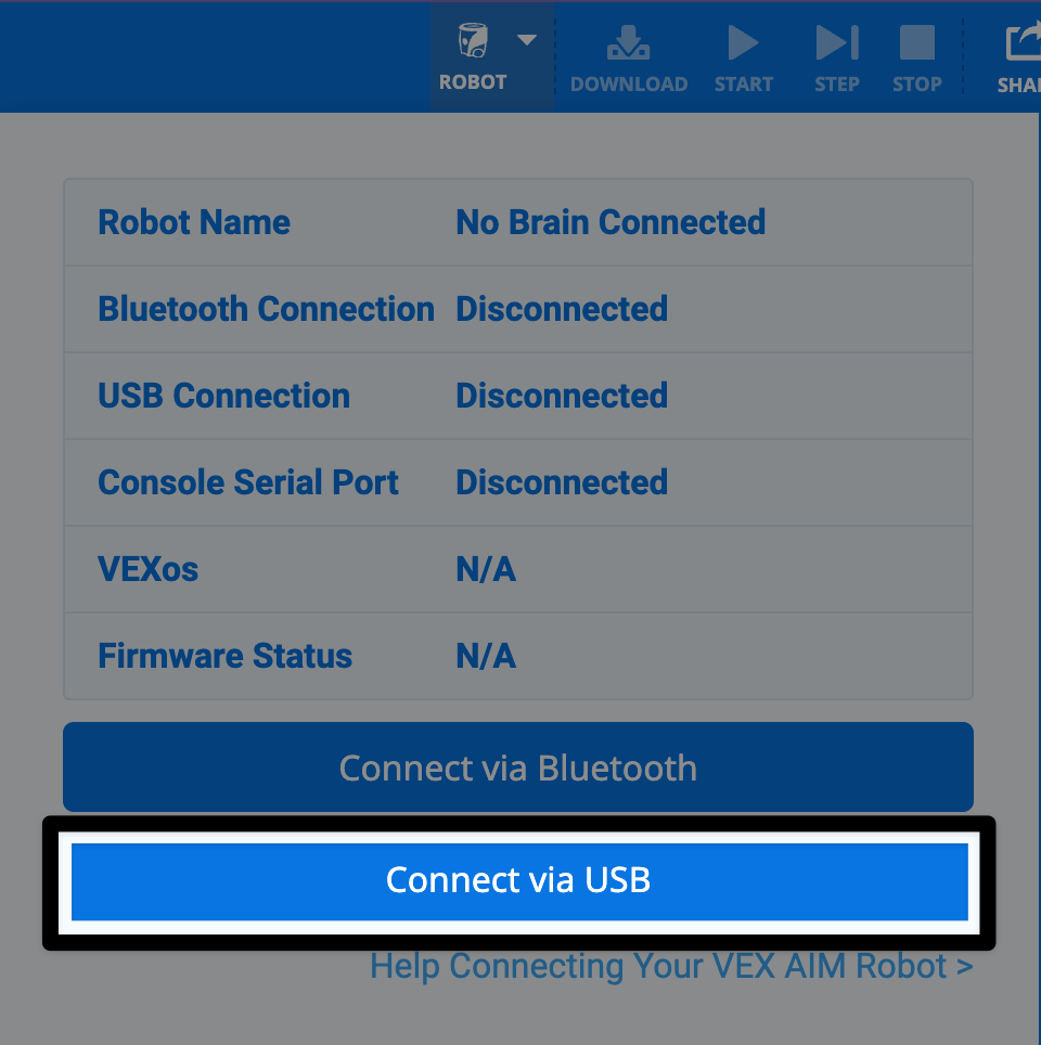 机器人图标对话框的屏幕截图，最底部的“通过 USB 连接”按钮已突出显示，位于蓝牙连接按钮下方。